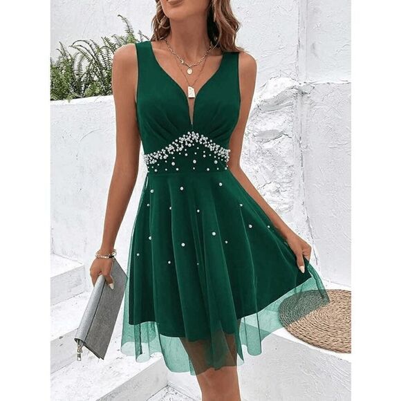 π Pearl Beaded Mesh Overlay Sleeveless A-line Elegant Green Dress SIZE LβNEW - Picture 3 of 16